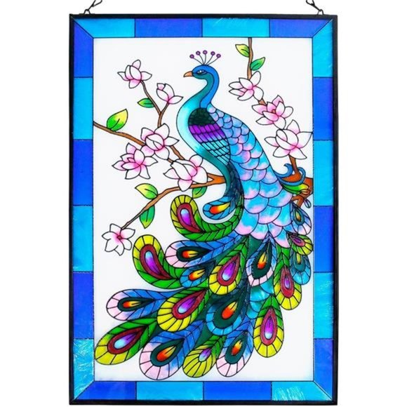Peacock Stained Glass Hanging Garden Handmade Painted Peacock Wall Window Decor - Picture 1 of 7